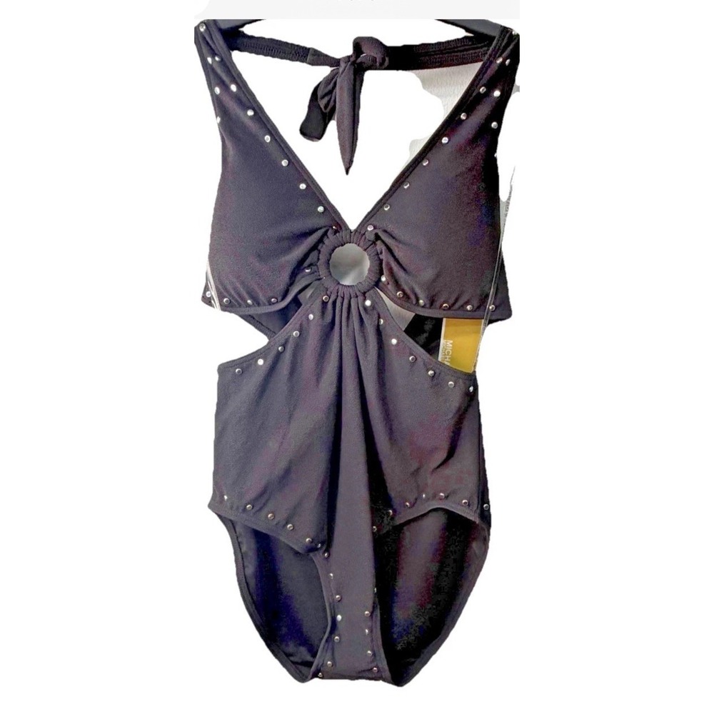 Michael Kors Black Solid Studded Halter One-Piece Swimsuit Padded Sz 4